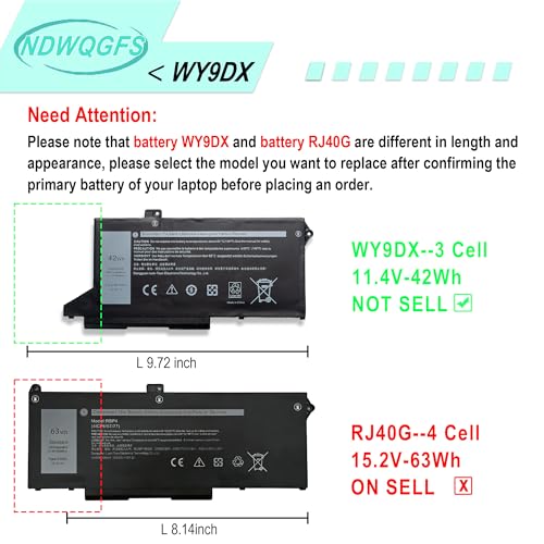 Image of WY9DX 42Wh Laptop Battery for Dell Latitude 5420 5520 Precision 15 3560 P137G P104F Series RJ40G 01K2CF 075X16 0WK3F1 0M3KCN 005R42 11.4V 42Wh