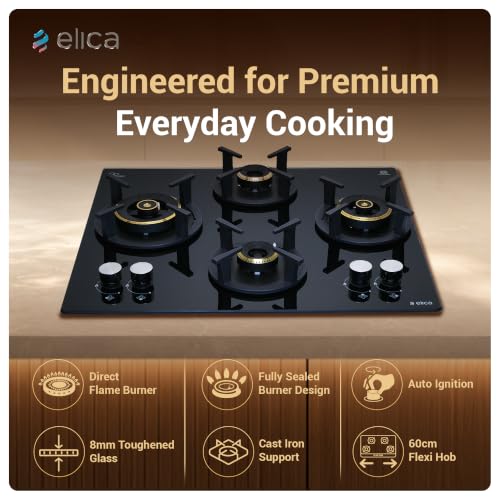 Image of Elica 60 cm 4 Burner Auto Ignition Hob | RG FLEXI DFS AB 4B 60 DX | 8 mm Toughened Glass, Direct Vertical Flame Brass Burners, Fully Sealed Burner Design, 2 Year Comprehensive Warranty