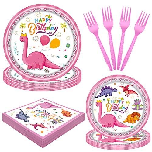 Image of HJINGY 96 PCS Pink Dinosaur Party Supplies, Dinosaur Birthday Party Tableware Set for Girls Pink Dino Plates Napkins Forks for 24 Guests