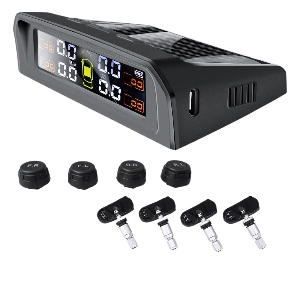 Tpms Sistema di monitoraggio della pressione dei pneumatici for auto a energia solare, allarme di sicurezza automatico, sensori di pressione dei pneumatici, sensore interno esterno a 4 ruote Pressione
