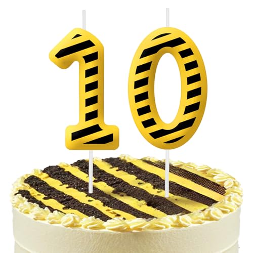 Construction 10th Birthday Number Candles, Number 10 Candle Cake Topper Decorations for Yellow and Black Striped Themed Parties, Birthday Cake Candles for Boys Girls Kids Party Supplies