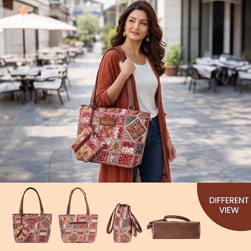 Image of Storite Women's Tote Bag with Leather Handles & Embroidery Printed Handbag with Zip Pockets, Shoulder Tote Bag and Handbag for Office and College