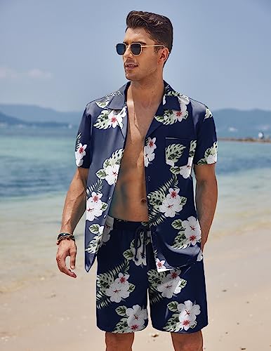 Coofandy Men's Floral Hawaiian Shirt And Shorts Sets Beach Hawaiian Shirts Suits Tropical Shirt Navy Blue M #TOP24