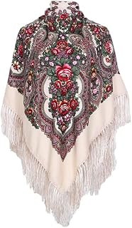 Women's Scarf Shawl Wrap Russian Babushka Traditional Retro Ukraine Style Printed tassels Square Scarfs（51inx51in）