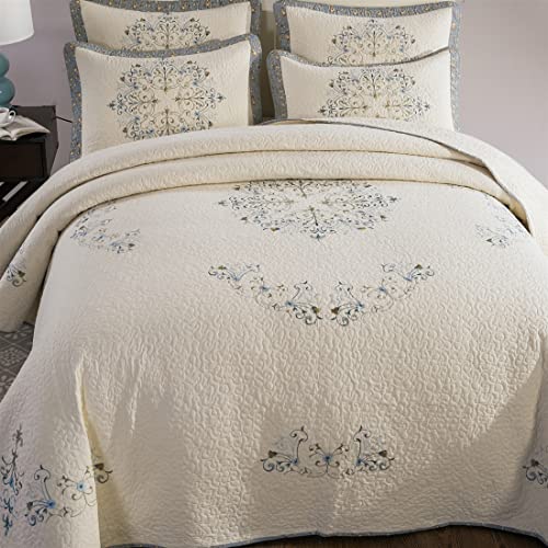 Vctops Full/Queen Size Quilt Set 3 Piece Cotton Quilted Bedspread Elegant Floral Embroidered Bedding Set Lightweight Reversible Coverlet For All Season, 1 Quilt + 2 Pillow Sham - 90X96 In #TOP1