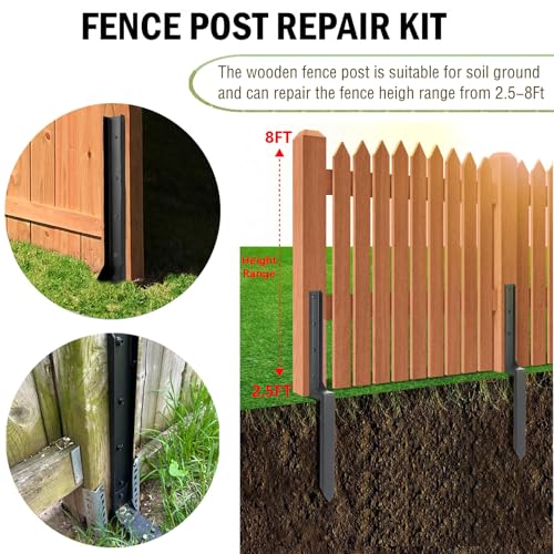 Heavy Duty Steel Fence Post Repair Stakes - 2 Pack Ground Spike for Tilted/Broken Wood Fence Post