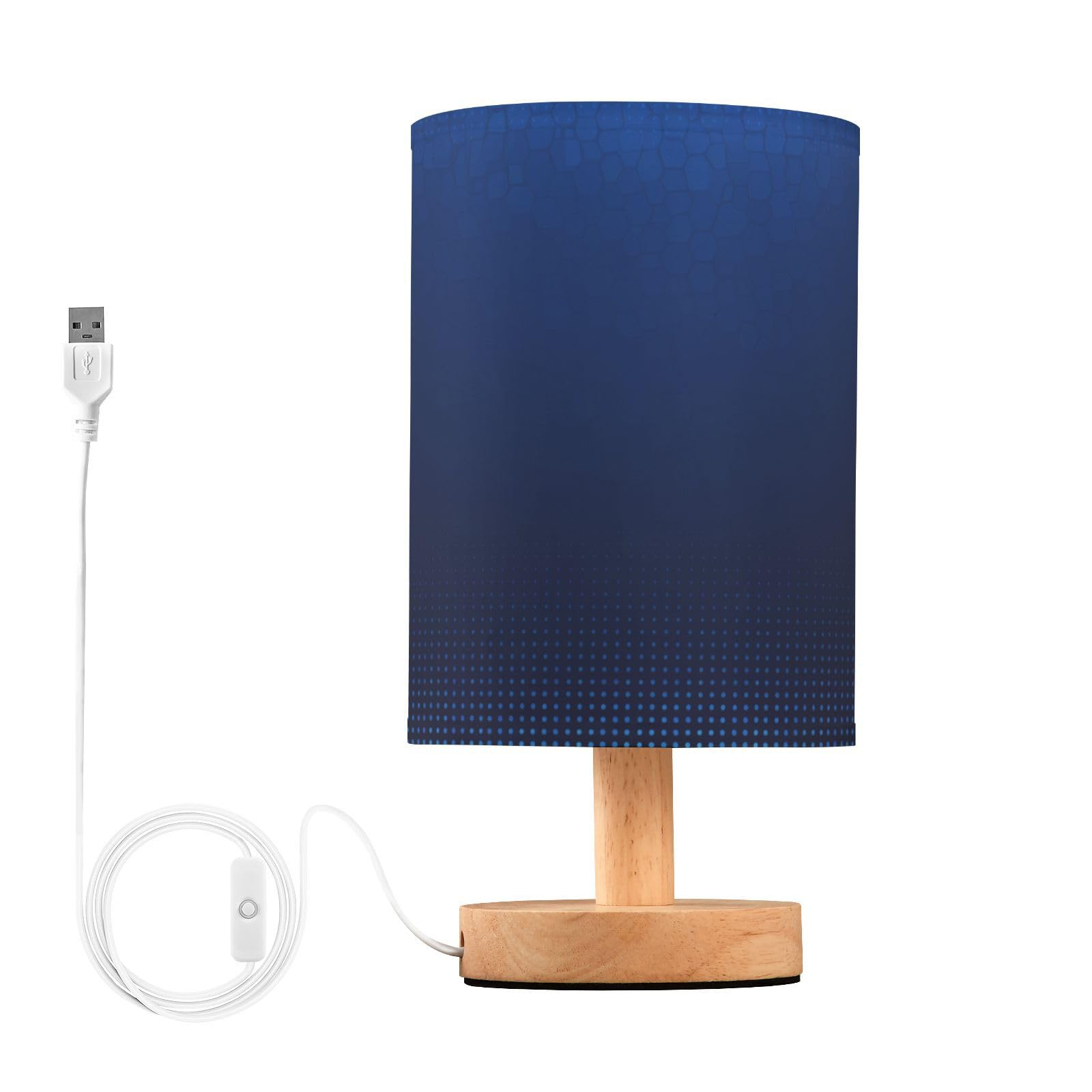 Niebieska lampka nocna LED do sypialni, klosz z tkaniny z drewnianą podstawą i portem USB, idealna do czytania w biurze, salonie, pokoju dziecięcym