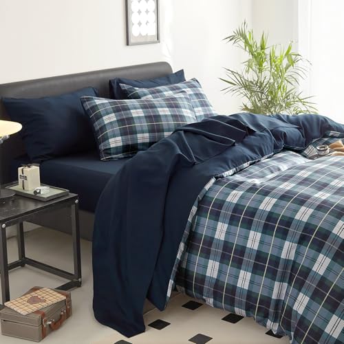 Image of Wake In Cloud - Plaid Comforter Set, Scottish Tartan Check Geometric Modern Pattern Printed, Soft Lightweight Bedding, 3 Pieces, Navy Green, Queen Size