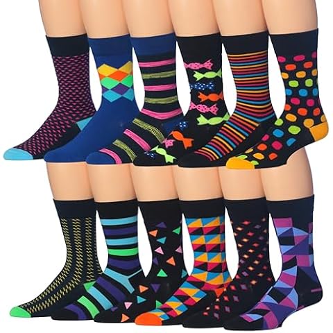 Tipi Toe Men's 12 Pairs Chromatic Contrast Black Canvas Rainow Colored Gometric Shapes Designs Pattern Soft Cotton Blend Colorful Funky Gift Box Dress Socks, CMC01-T1 Cover