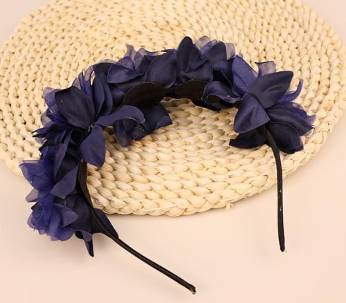 Baby Girls Flower Headband Soft Chiffon Gauze Floral Cluster Baby Headpiece Bridal Wedding Party Fabric Flower Pearl Head Accessories for Little girl (Flower 2 - dark blue, Elastic)4