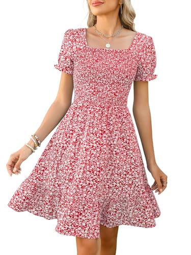 Image of Lyrur Women's Short Sleeve Summer Dresses 2026 Spring Casual Square Neck Easter Dress A-Line Tiered Sundress with Pockets