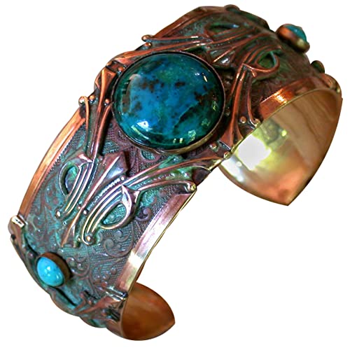 Elaine Coyne Wearable Art Patina Art Deco Motif Cuff Bracelet - Chrysocolla