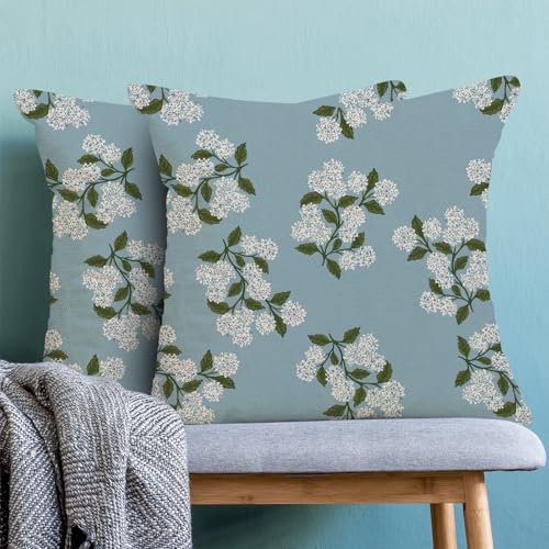 Image of AEIOAE Spring Pillow Covers 18x18 Inch Set of 2, Baby Blue Green Hydrangea Flower Throw Pillows Case,Floral Summer Outdoor Seasonal Decorative Farmhouse Decor Cushion Covers for Home Sofa Bed Couch
