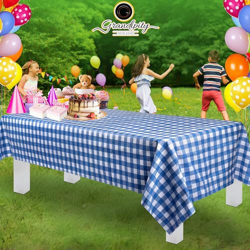 Image of Grandipity Plastic Table Cloth Disposable 12 Pack 54 inch x 108 inch Rectangle | Blue Gingham Plastic table covers, durable disposable tablecloths, fade and tear-resistent table cover for party, event