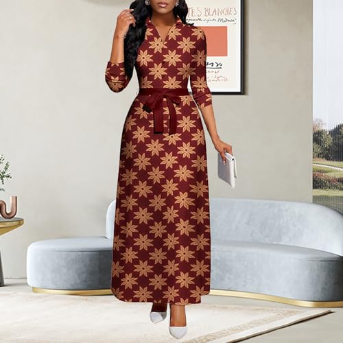 Image of Maxi Dresses for Women Casual Long Sleeve Crewneck Floor Length Dress | Floral Print,Swing,Soft Fabric,with Belt and Pockets