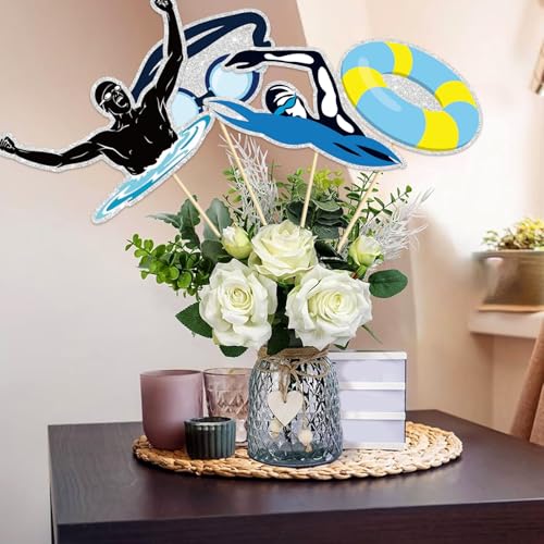 Image of Swimming Party Centerpieces Sticks,Swimming Theme Sports Theme Happy Birthday Table Toppers,Swim Team Party Decorations Supplies Photo Booth Props.Set of 16