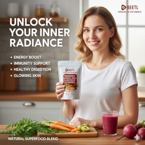 Image of BEETL Moringa Carrot Amla & Beetroot Powder Blend | Mixed Vegetable Powder | Plant Based Blend for Smoothies, Juices, Beverages & Recipes | 100 g