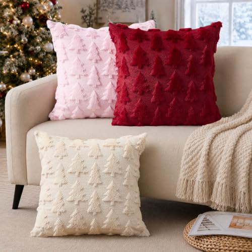 DFXSZ Christmas Tree Pillow Covers 18x18 Set of 2 Wine Red Holiday Decor - Image 3