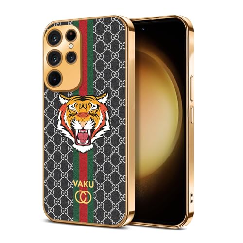 Image of Vaku Luxos Lynx Design Back Cover for Samsung Galaxy S23 Ultra with Leather Pattern Gold Electroplated Soft TPU Cover Shockproof Protective Case - Black