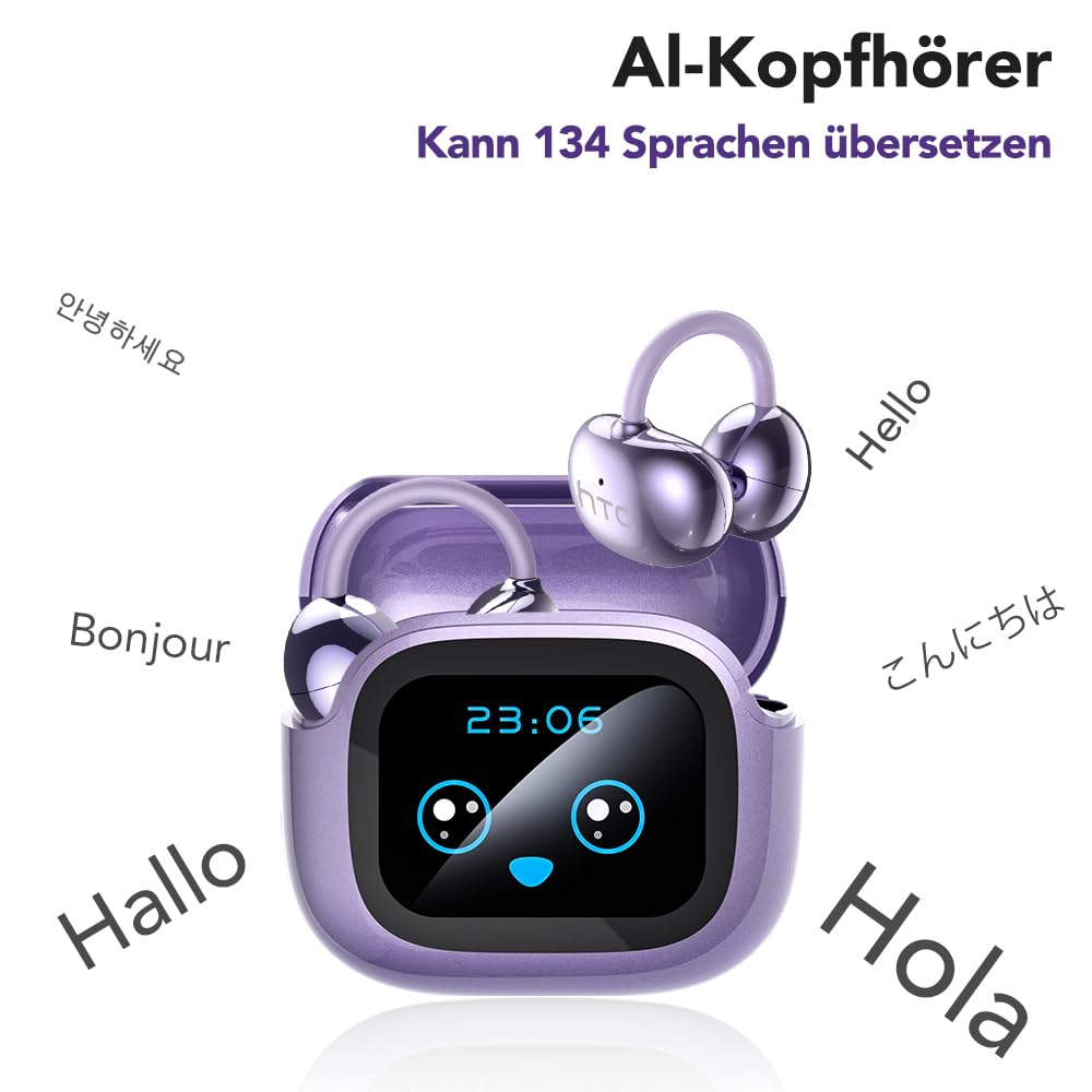 AI - Traduttore per cuffie NE32, in tempo reale, 136 lingue con app, cuffie Bluetooth senza fili, 3 in 1,40H, per iOS e Android, apprendimento, da viaggio viola