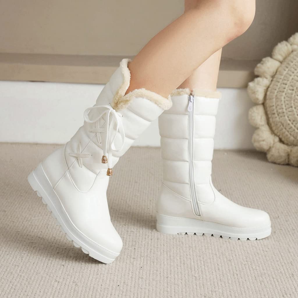 Bottes Hautes D'Hiver Pour Femme - Doublure Peluche - Talon 8,5 Cm Compensé - Lacets Arrière - Suède - Taille 35 à 43