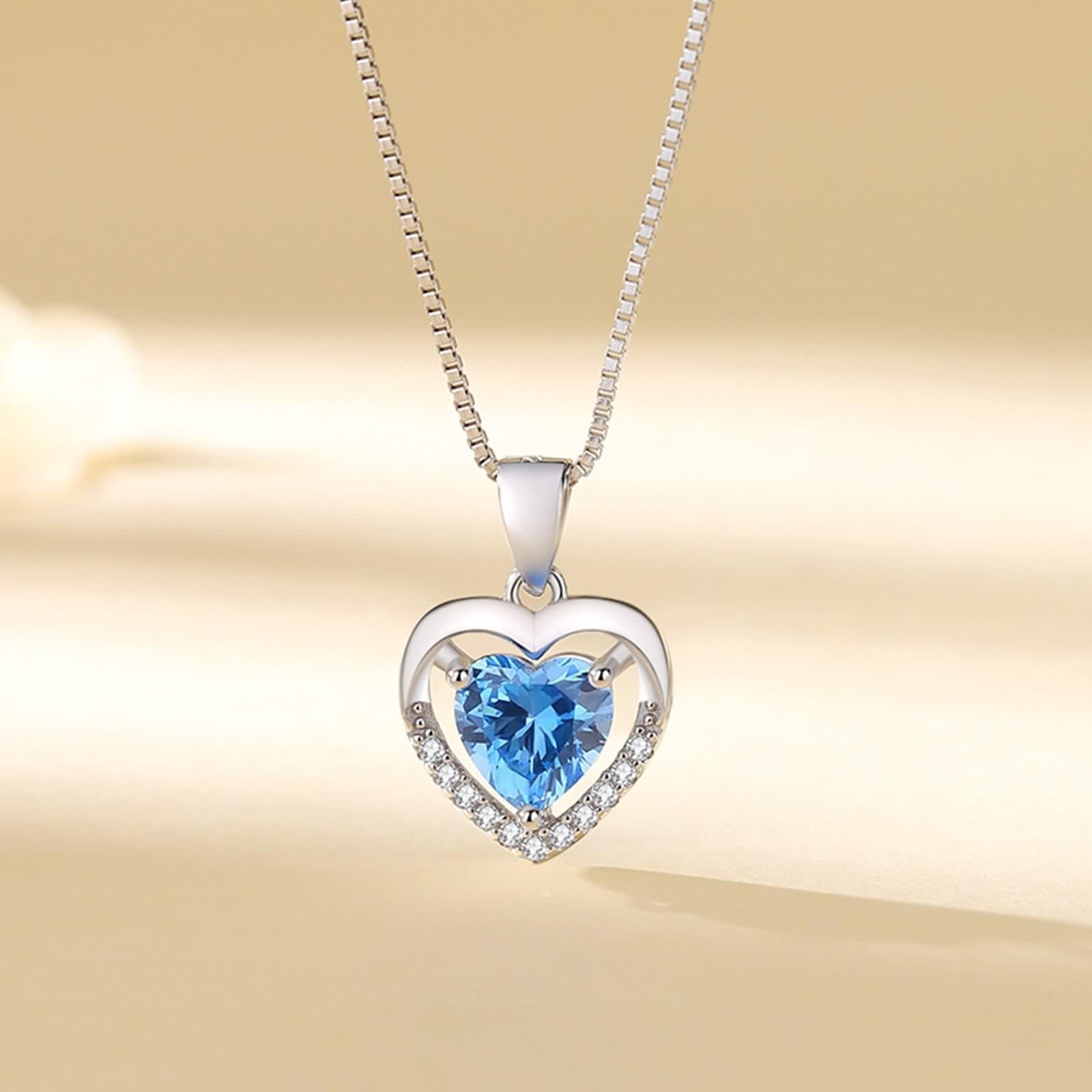 Collana con Ciondolo A Cuore, Collana Donna Lunga Blu Topazio Catenina Gioielli Vero Oro Bianco 9K/14K/18K con Moissanite Oro Bianco 40+5cm