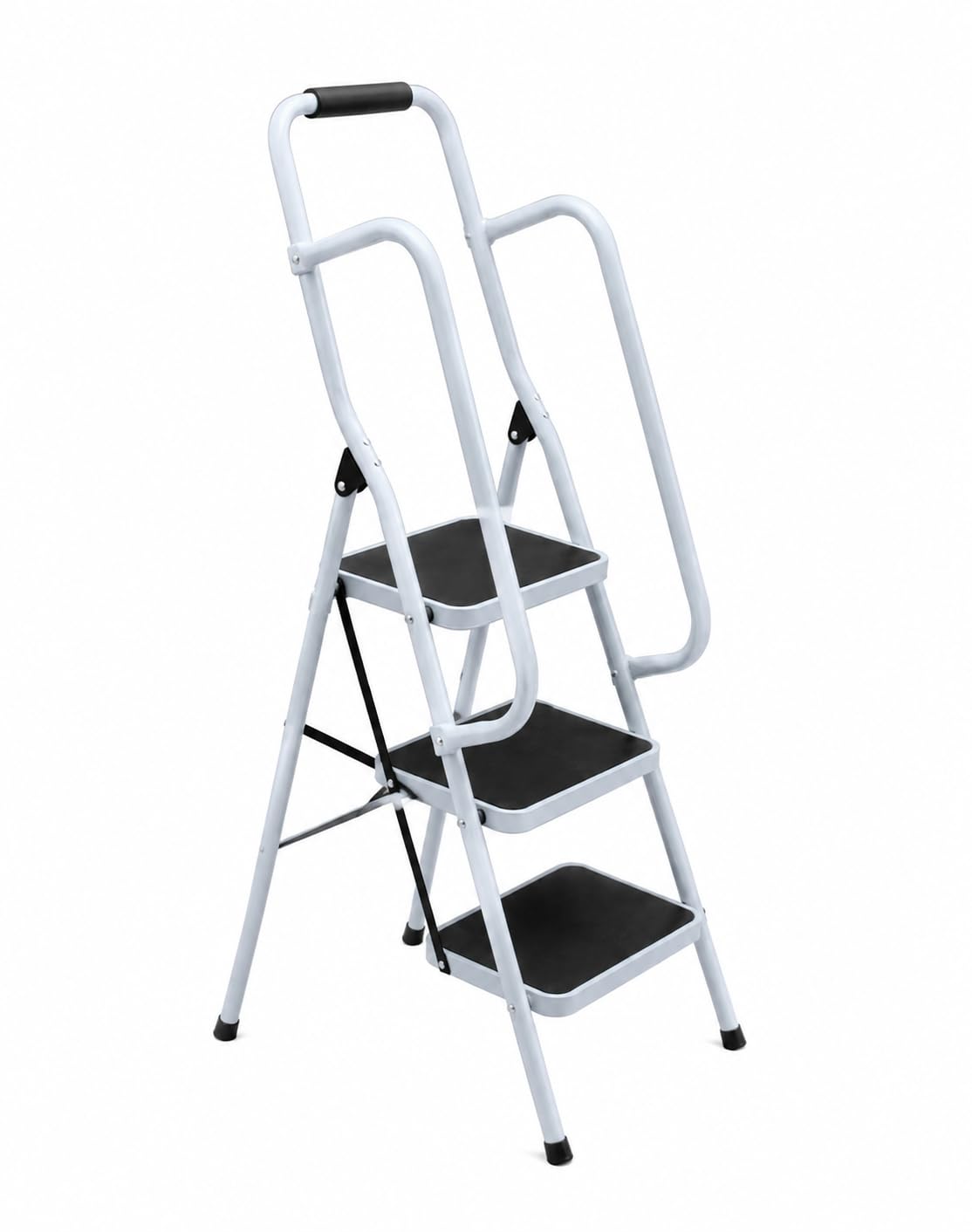 HH Home Hut 3 Step Safety Ladder - Compact Folding Step Stool for Kitchen, Rail Handles Garage Non Slip Large Four-Step Ladder with Fold Away Steps