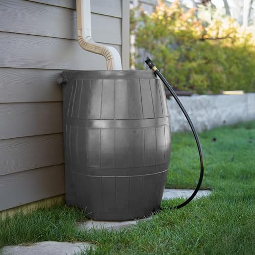 Image of FCMP Outdoor Raincatcher 4000, Flat-Back Rain Water Barrel, 50-Gallon, Gray - Rainwater Collection Storage Container w /Side Spigots, Mesh Screen, Garden and Overflow Hose & Linking Kit
