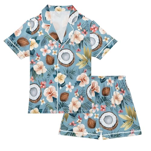 Tropical Coconut Plumeria Flowers Pajamas Set Summer Button Down Sleepwear Pjs Sets Comfy Loungewear