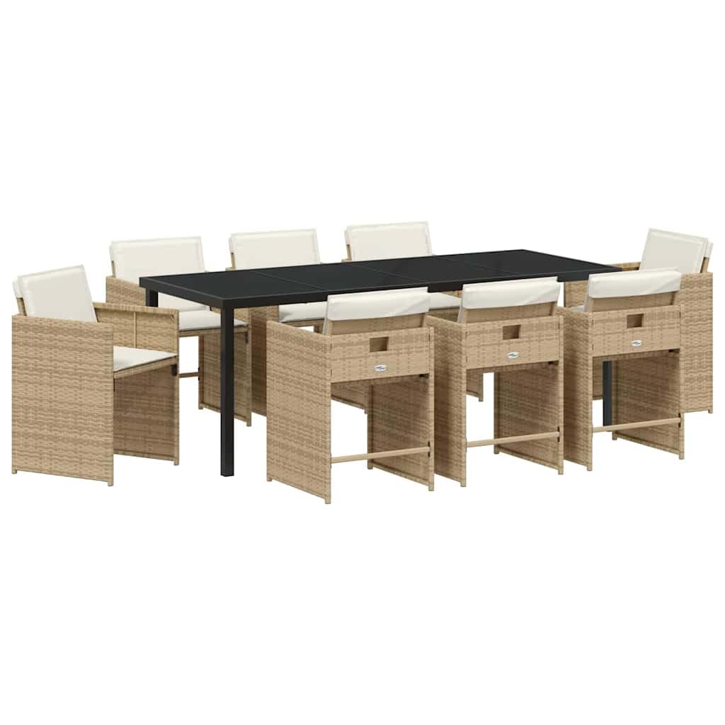 Salon de jardin 9 pièces en polyrotin beige avec coussins, cadre en acier revêtu par pulvérisation, plateau en verre trempé, meubles de salon d'extérieur résistant aux intempéries pour