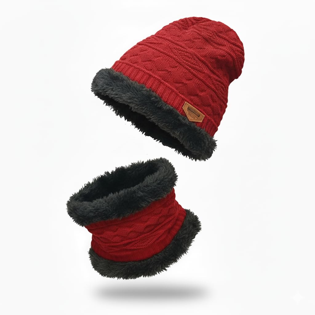 Luxury Red Wool & Black Fur Winter Cap and Muffler Set - Stylish Cold Weather Accessories Combo (Pack of 1)-image-43