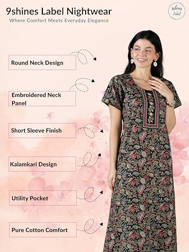 Image of 9shines Label Stylish Pure Cotton Nighty Maxi for Women | Embroidery Neckline Nightgown | A-Line Nightdress with Pocket | Floral Night Gown| Soft Comfortable Cotton Sleepwear (Cotton Yoke)