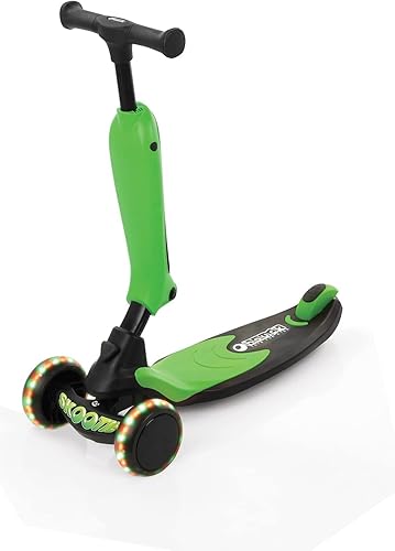 Hauck Skootie - Monopatín para niños, luces LED, fácil de convertir, freno de pie, verde neón, edades de 1 a 5 años