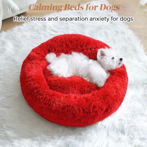 Image of ZEXSAZONE Plush Donut Dog Bed for Dogs & Cats | Soft Calming Anti-Anxiety Pet Bed | Warm Cozy Winter Dog Bed for Puppies | Washable Round Bed (Red Small)