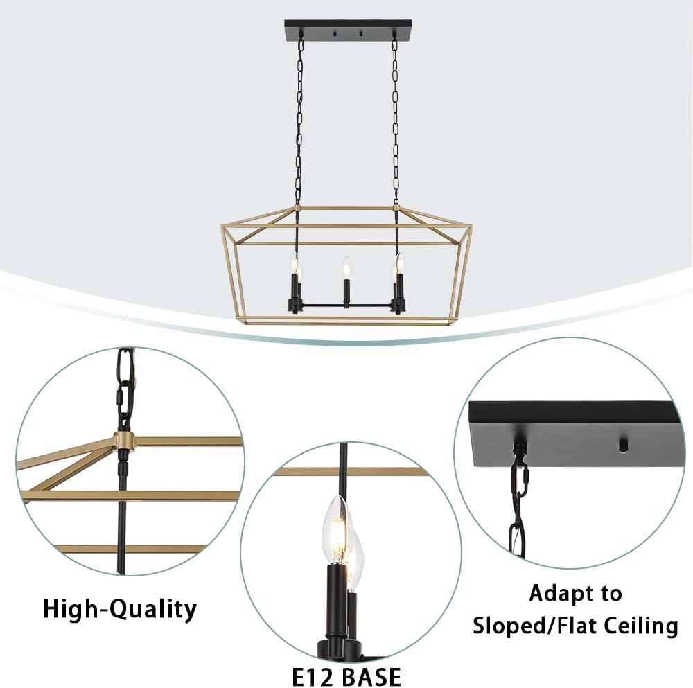 5-Light Kitchen Island Chandelier, Large Farmhouse Linear Pendant in Black and Gold, Vintage Lantern Hanging Light Fixture for Dining Room Over Table, Height Adjustable