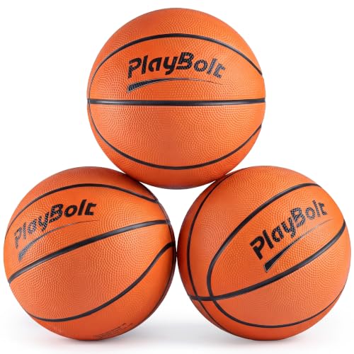PlayBolt Size 3 Mini Basketballs (3 Pack) - 7-Inch Junior Rubber Basketball Set w/Pump - Youth Beginner Kids Basketballs for Backyard Pool Parties Arcade Games Practice & Play
