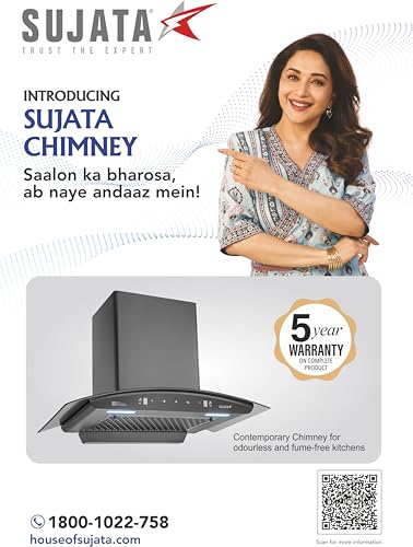 Image of Sujata Chimney For Kitchen 60cm | 12 Yrs Warranty on Motor & 5 Yrs on Whole Product | 130 W Motor, 1350 m /hr, Kitchen Chimney For Home, Filter Less Auto Clean With 3 Speed Motion Sensor (Pearl Black)