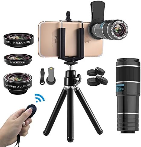 Vorida Phone Camera Lens, 6-in-1 Cell Phone Camera Lens, 12X Telephoto Lens+198° Fisheye Lens+0.6X Wide Angle Lens+15X Macro Lens+Tripod+Remote Shutter Compatible for iPhone X 8 7 6 Plus Samsung etc.