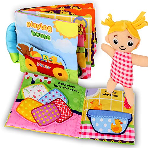Image of Jollybaby Soft Books for Babies， Cloth Books Touch and Feel for 0-12 Months Toys, Infant Tummy-Time Soft Crinkle Activity Book， Educational Toy with 9 Sensory Items, Toddler Busy Books