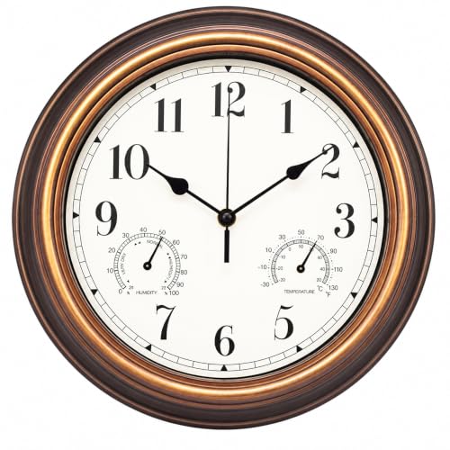 Image of Rppiup Outdoor Clock, 12 Inch Garden Clock Outdoor Waterproof with Temperature and Humidity, Battery Operated Quartz Clocks Vintage Wall Clocks for Patio, Pool, Porch, Bathroom, Kitchen