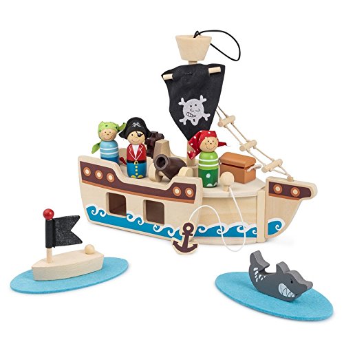 Tobar Piratenschiff aus Holz mit Anker und Segel (32 cm lang, zehnteiliges Spielset) – Bild 3