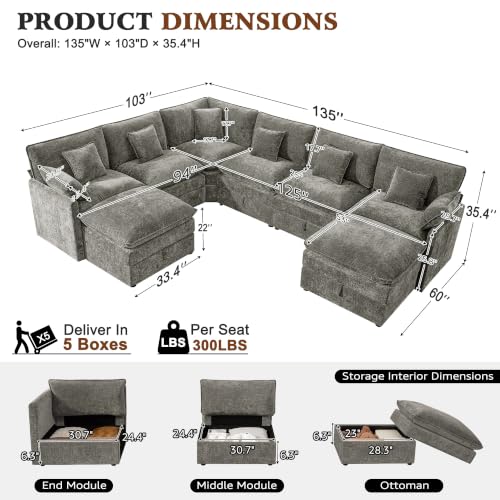Image of Ihanherry Oversized Modular Sectional Sofa with Storag, 8-Seater V Shaped Cloud Couch with Movable Ottomans, Chenille Deep Seat Corner Couches for Living Room (Grey)