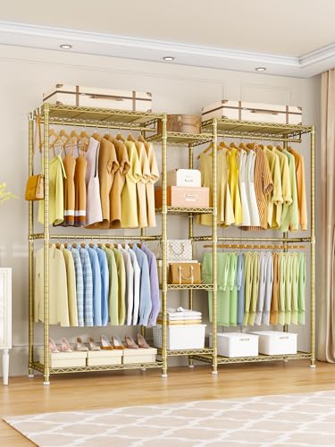 Ulif E4 Clothes Rack, Heavy-Duty Garment Rack, Metal Freestanding Clothing Organization Storage System Can Be L-Shaped with Shelves and Hangers, Max Load 962lbs, 71.6" W x 14.5" D x 79.3" H, Gold - Image 3
