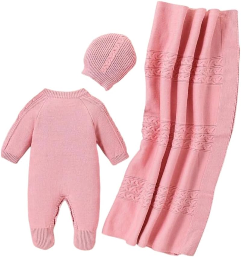 Baby Knit Overalls Set With Beanie And Blanket, Pink, 3-Piece Set.