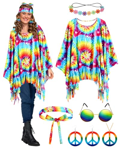Disfraces para Hombre trajes de Carnaval 52 BIQIQI Disfraz de Hippie Mujer, Disfraz de Hippie años 60, 70 y 80, Accesorio de Disfraz Hippie con Poncho Diadema Hippie Gafas de Sol Collar para Mujer Hombre Halloween Carnava