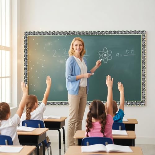 Image of Fuutreo 6 Roll 197 ft Composition Bulletin Board Borders Black and White Scalloped Rolled Border Trim Pastel Wave Line Borders Decoration for Back to School Classroom Chalkboard Office Wall