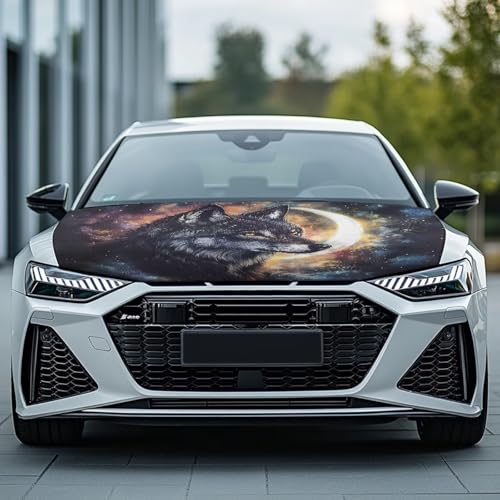 Image of Car Hood Cover Protector,Wear-Resistant Print Hood Covers for Cars,Universal Accessories for Decoration Black Wolf Moon Print Design