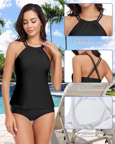 WOWENY Womens Swim Tankini Tops High Neck Bathing Suit Slim Fit Swim Tops UPF 50+ Tummy Control Swimsuits No Bottom3