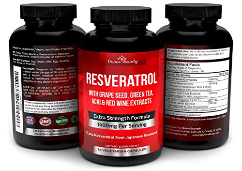 Resveratrol Supplement - 1400Mg Extra Strength Formula With Grape Seed Extract, Green Tea Extract, Red Wine Extract - 60 Veggie Capsules #TOP3