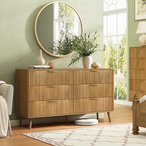 CARPETNAL Fluted 6 Double Drawers Dresser for Bedroom, 55â€Wide Modern Chest of Drawers with Deep Drawers,Curved Profile Design, Wood Drawer Organizer for Bedroom Living Room, Hallway, Natural Oak